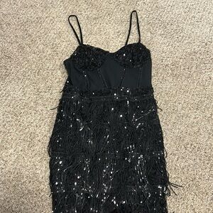 Black sequined fringe mini dress